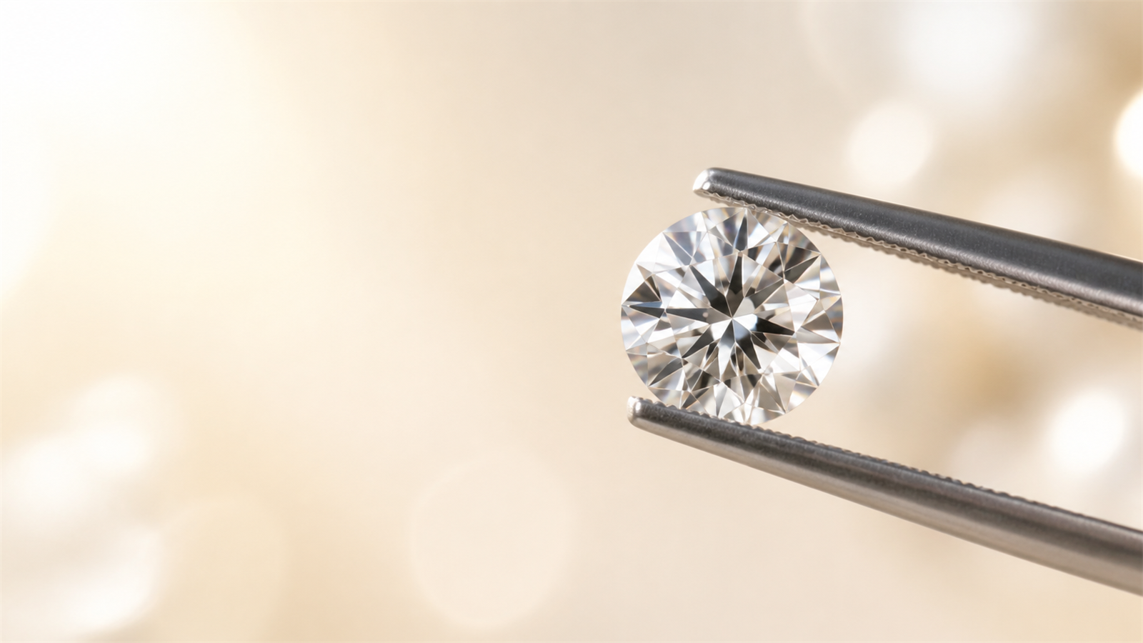 A round brilliant-cut diamond held in jeweler's tweezers against a soft champagne background