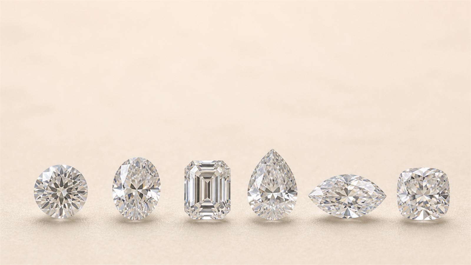 Six loose diamonds in different shapes in a row: round, oval, emerald, pear, marquise and cushion