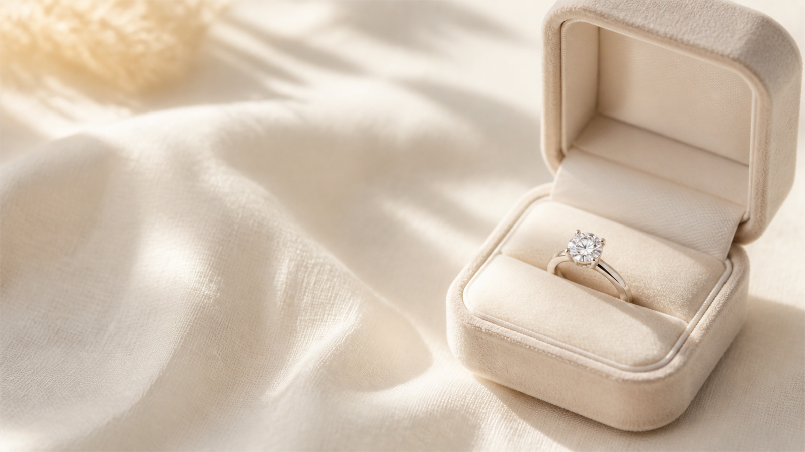 A solitaire diamond engagement ring in a cream velvet ring box on soft ivory fabric