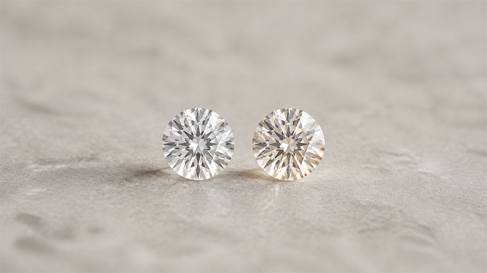 Two round diamonds side by side on a pale stone surface, one cooler and one warmer in tone