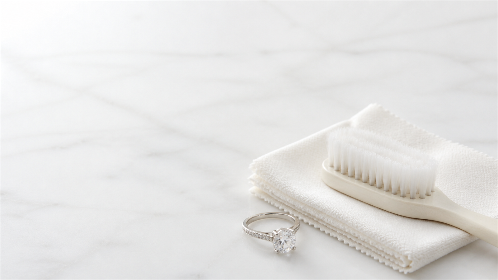 A diamond engagement ring beside a soft brush and folded lint-free cloth on a white marble surface