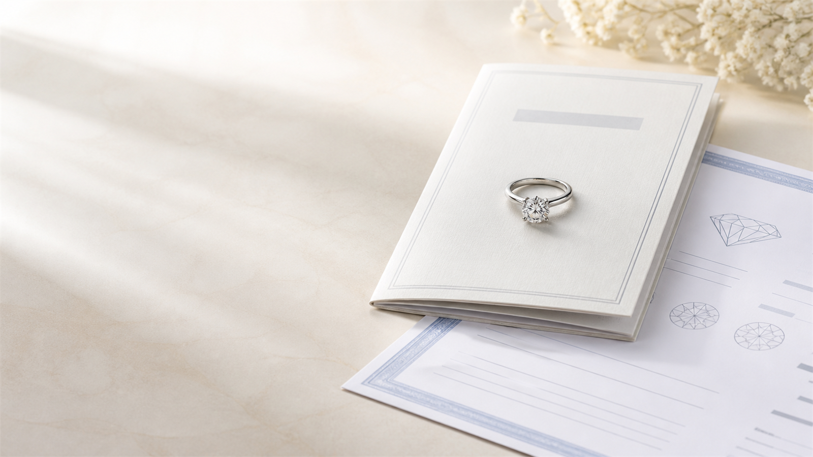 A diamond engagement ring resting on a folded document and a grading certificate on an ivory desk