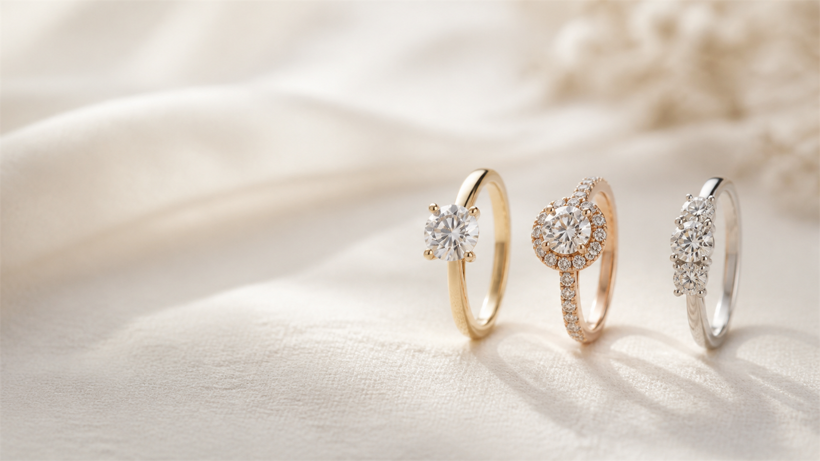 Three diamond engagement rings in a row: solitaire, halo and three-stone settings on ivory fabric