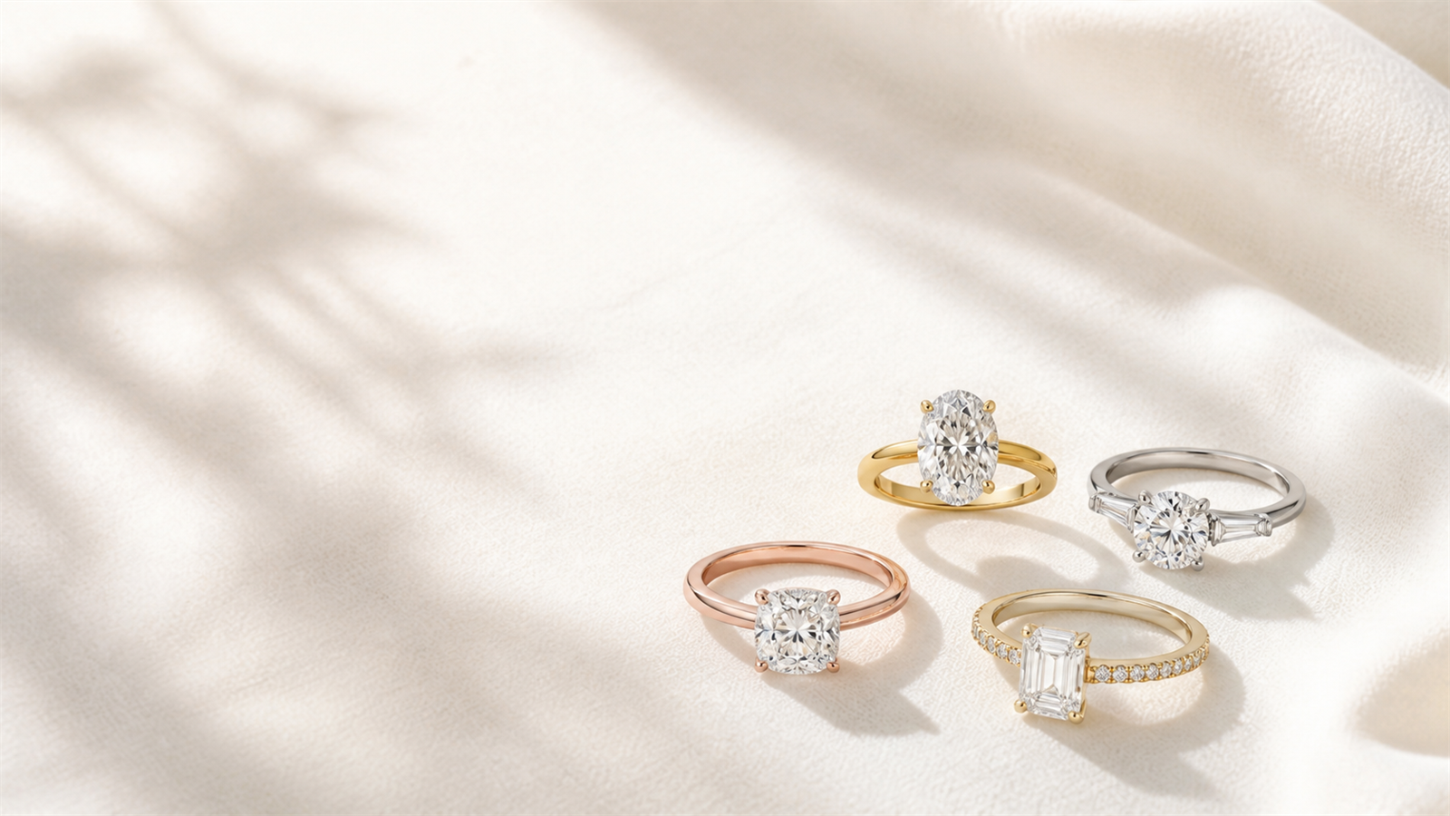 Four engagement rings in different styles and metals arranged on cream satin