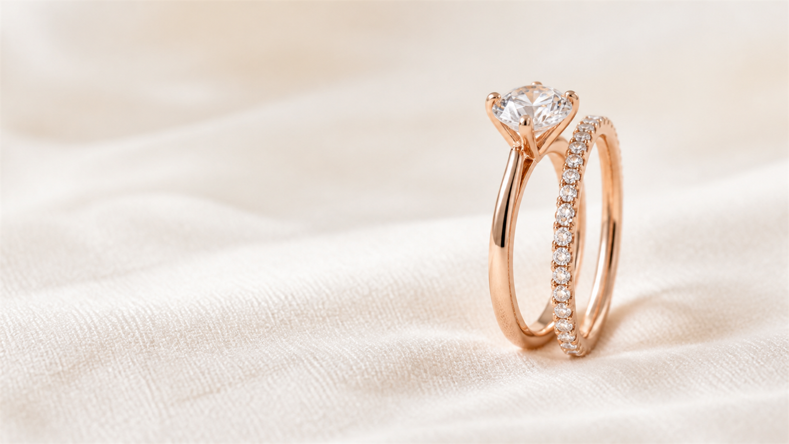 A rose gold solitaire engagement ring and a matching diamond eternity wedding band on cream fabric