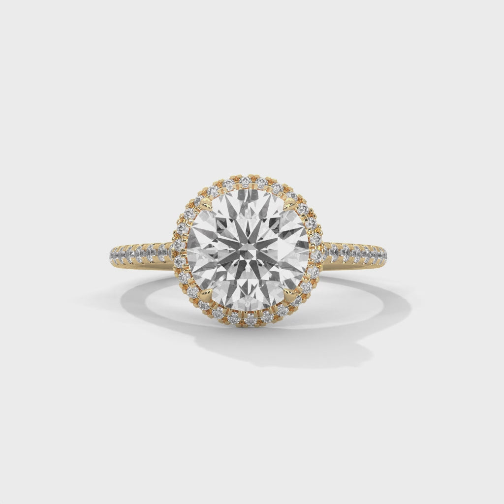 Cleo round halo diamond engagement ring, 14k yellow gold, 360 view