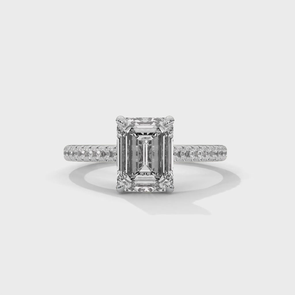 Helene emerald-cut diamond engagement ring, 14k white gold, 360 view