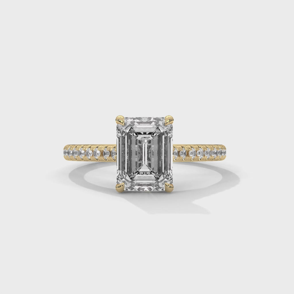 Helene emerald-cut diamond engagement ring, 14k yellow gold, 360 view