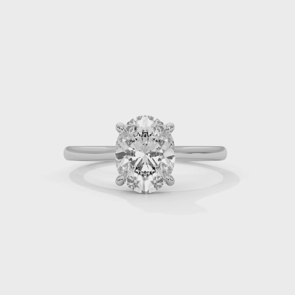 Lorraine oval solitaire diamond engagement ring, 14k white gold, 360 view