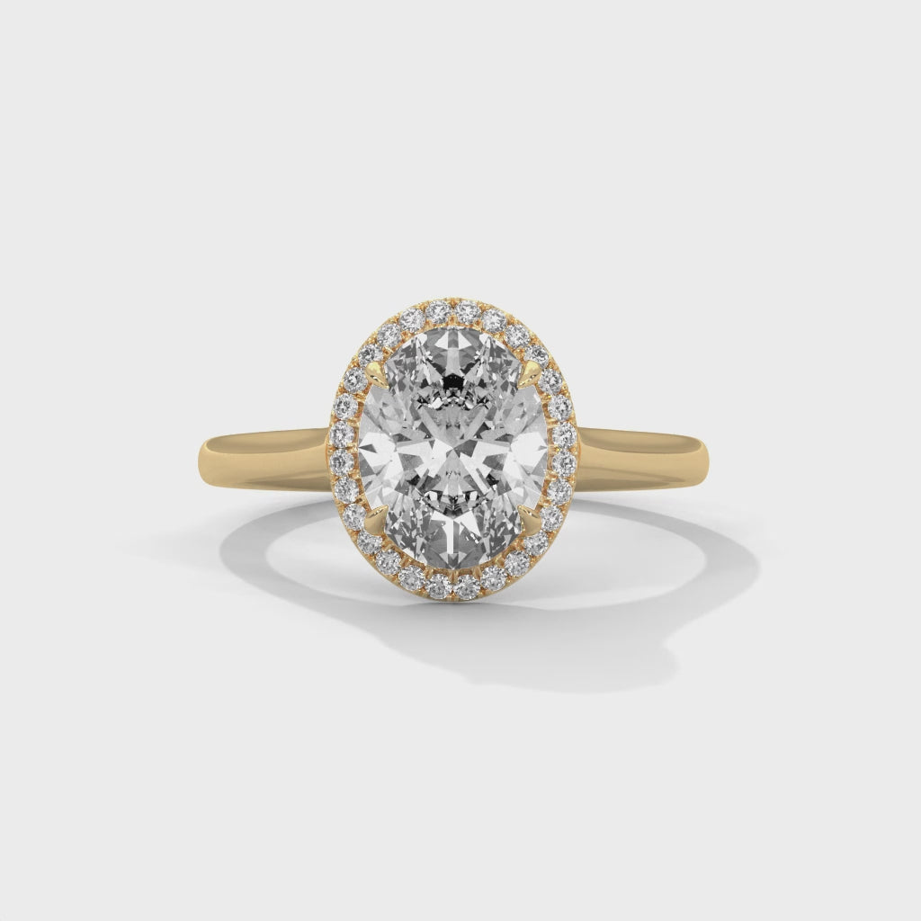 Delia oval halo diamond engagement ring, 14k yellow gold, 360 view
