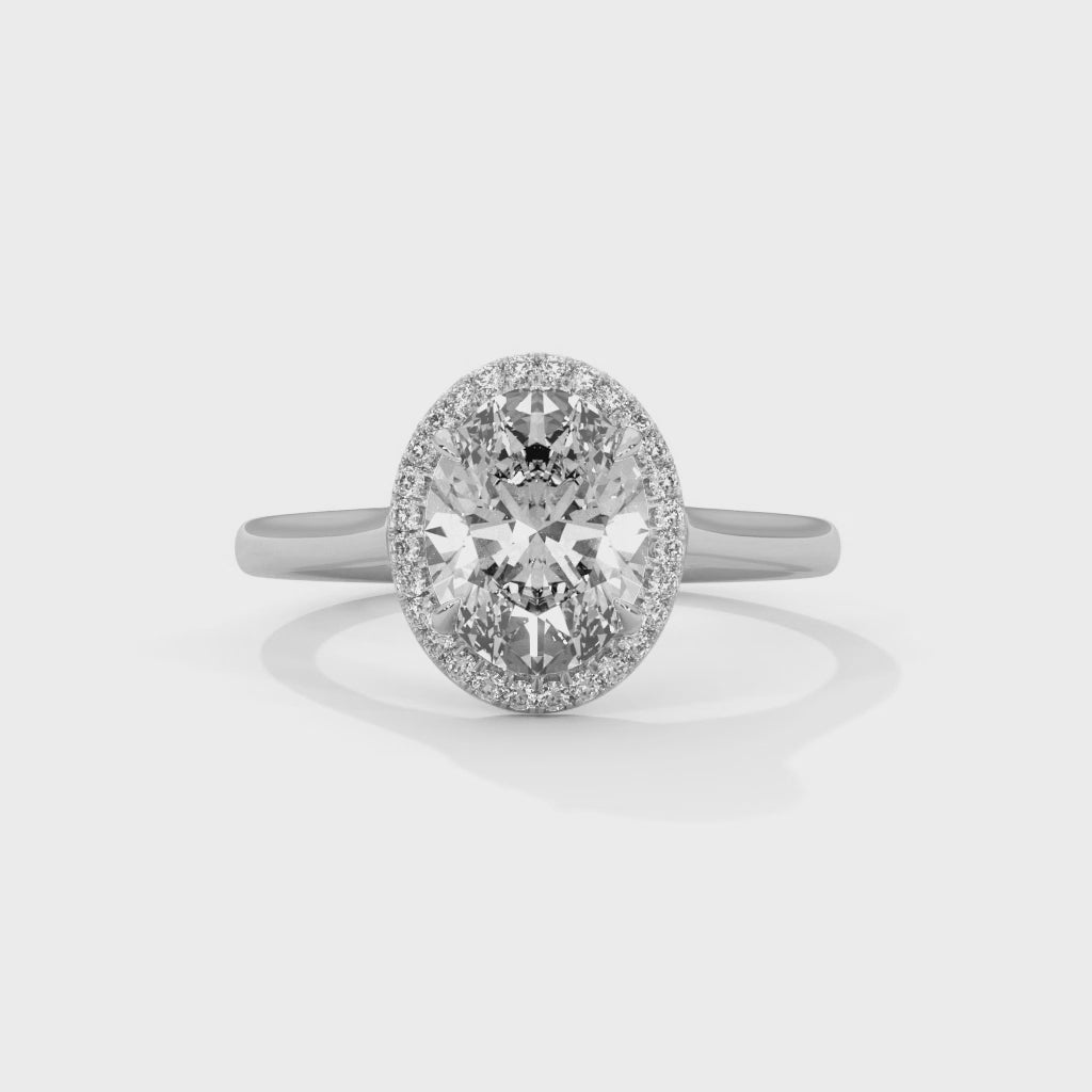Delia oval halo diamond engagement ring, 14k white gold, 360 view