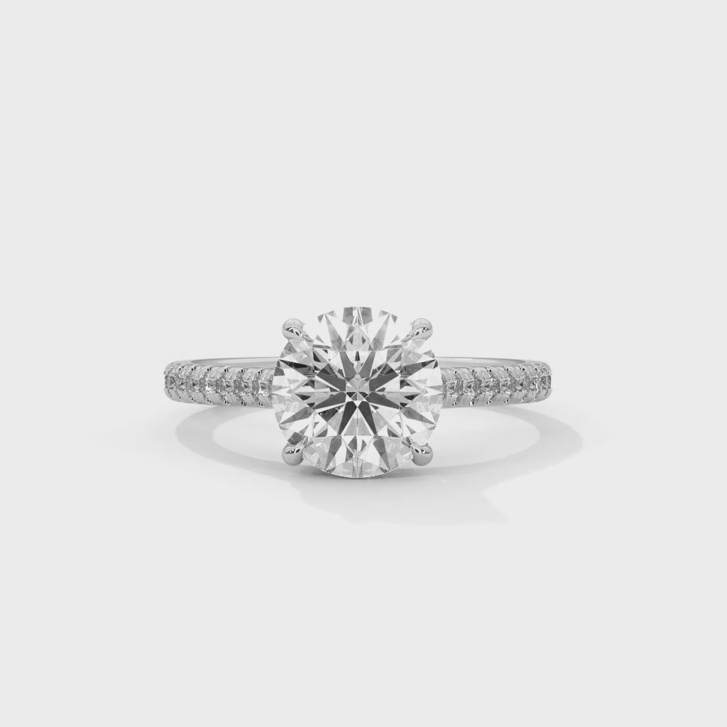 Mathilde round diamond engagement ring, 14k white gold, 360 view