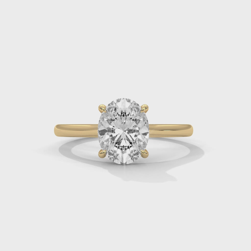 Lorraine oval solitaire diamond engagement ring, 14k yellow gold, 360 view