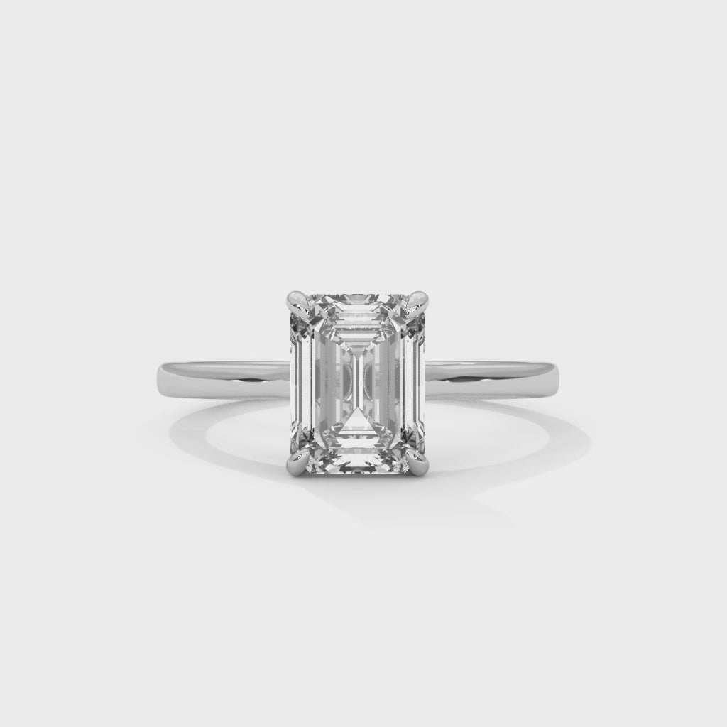 Giselle emerald-cut solitaire diamond engagement ring, 14k white gold, 360 view