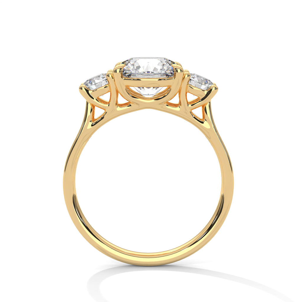 Fleur three-stone round diamond engagement ring in 14k gold, view 1