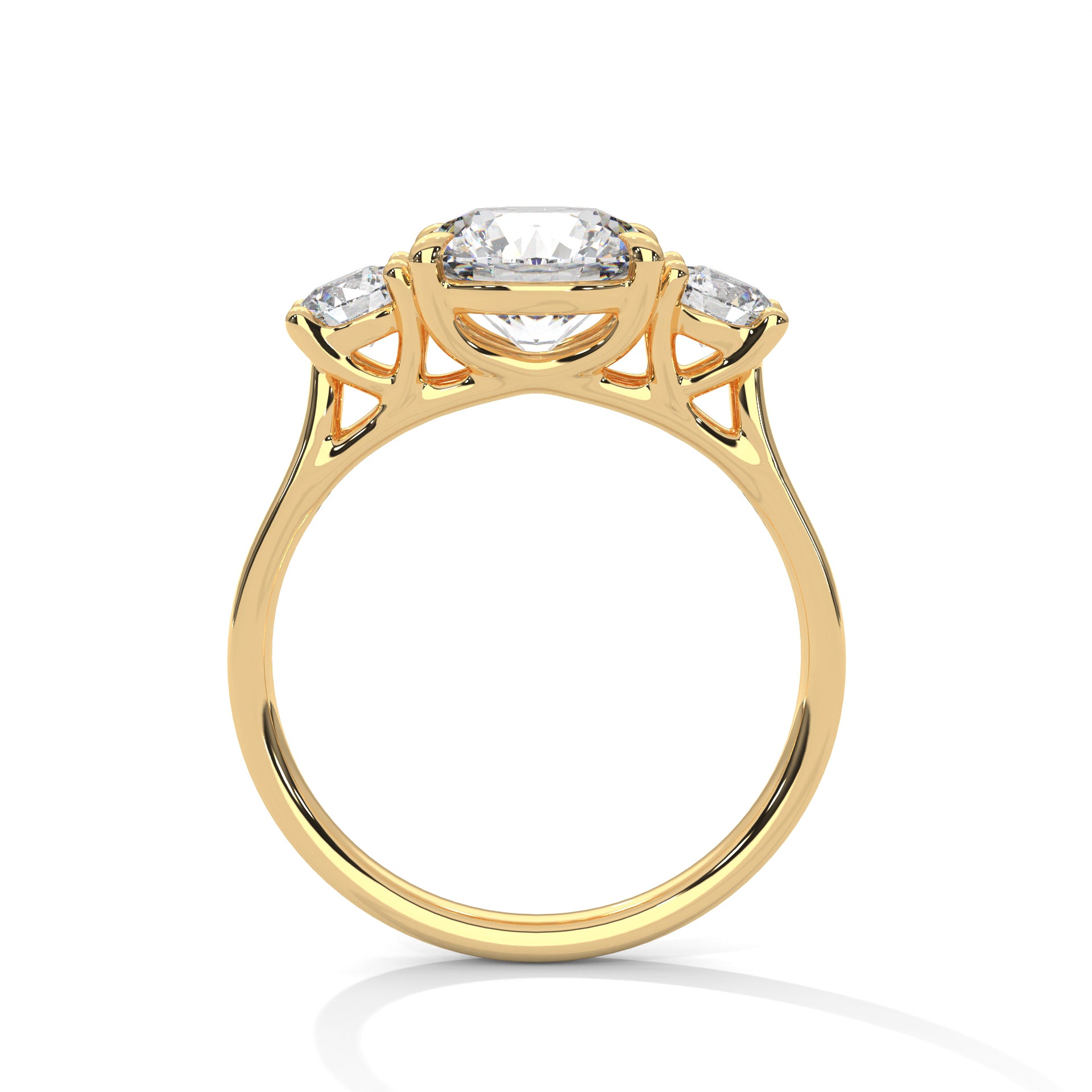 Fleur three-stone round diamond engagement ring in 14k gold, view 1