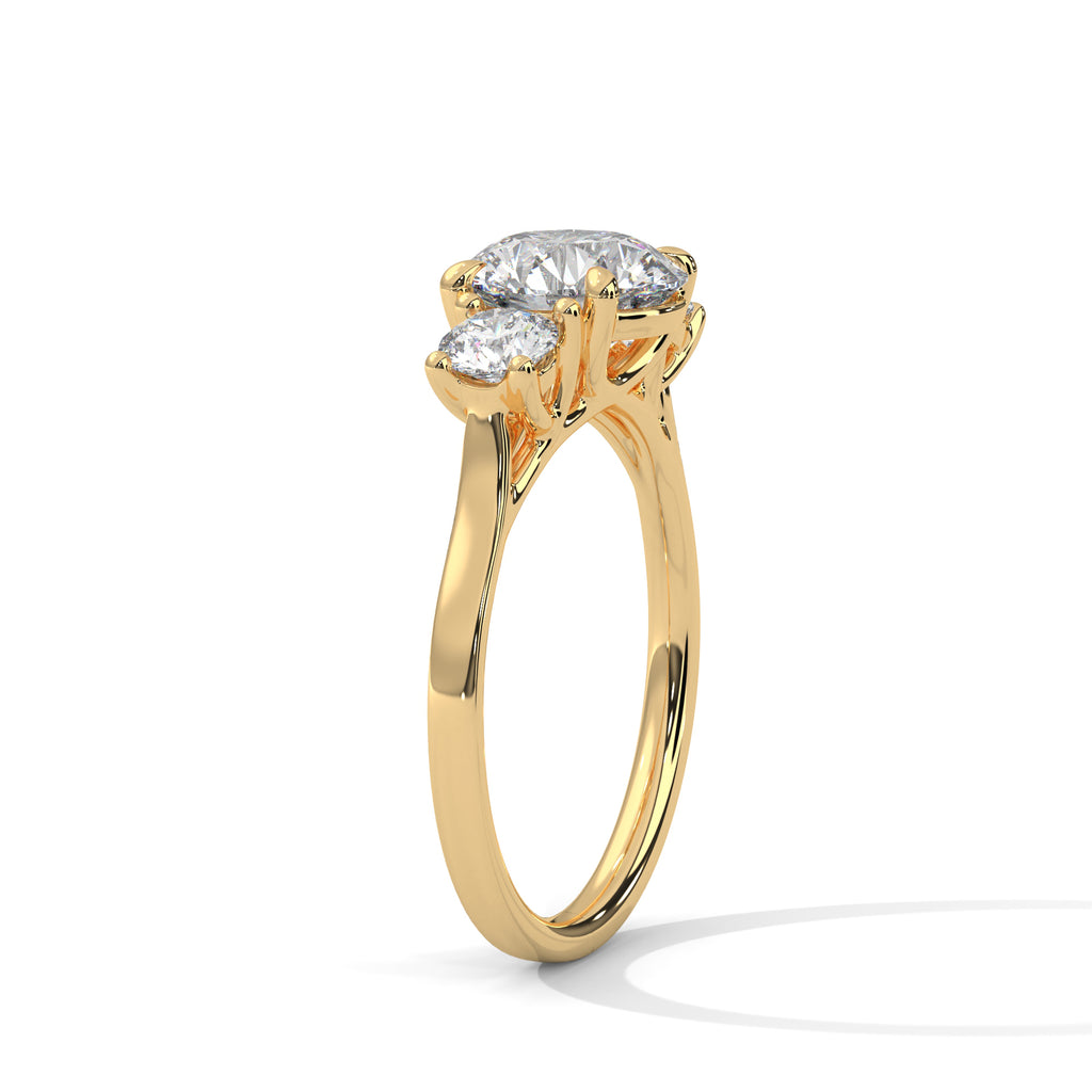 Fleur three-stone round diamond engagement ring in 14k gold, view 2