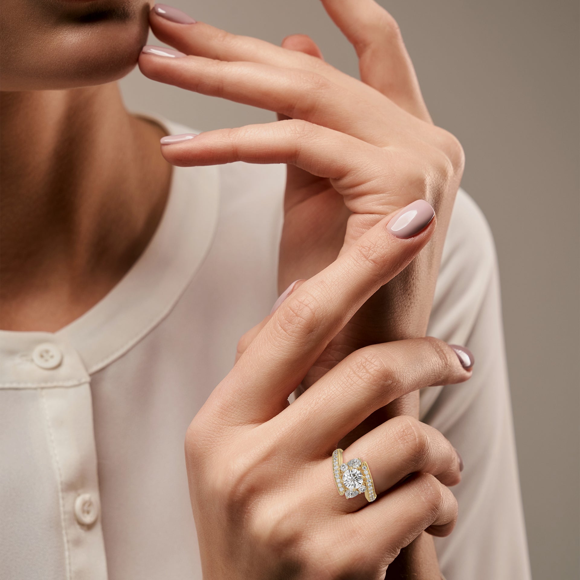 Solene Bypass Halo Diamond Ring in yellow gold
